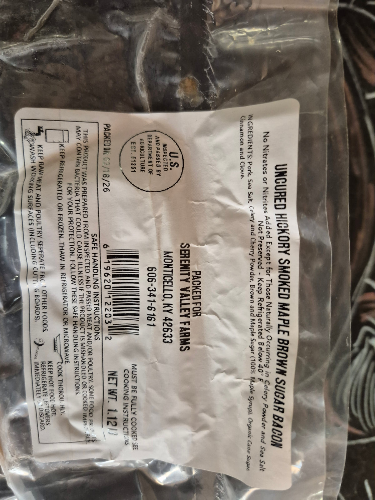 Uncured hickory smoked bacon, vacuum sealed pack