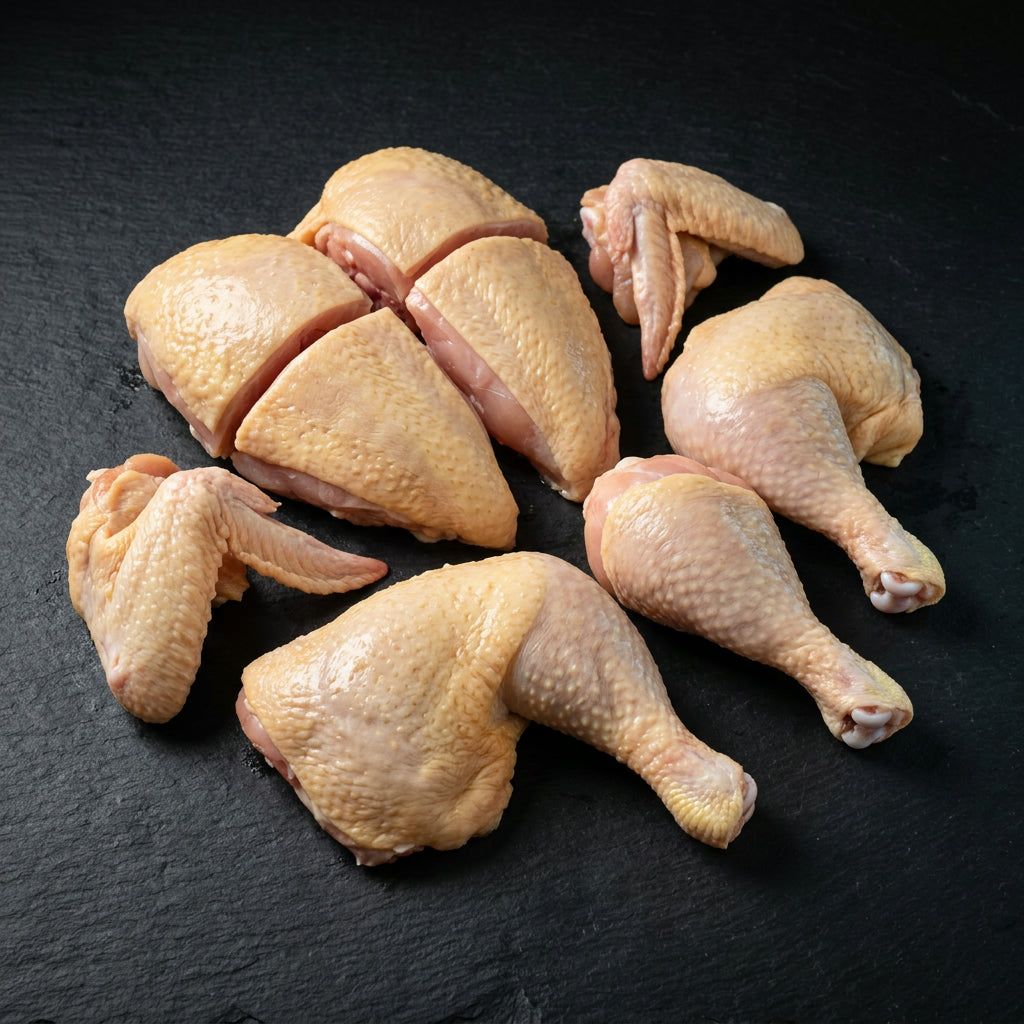 Raw pasture-raised chicken cut into eight pieces on dark slate